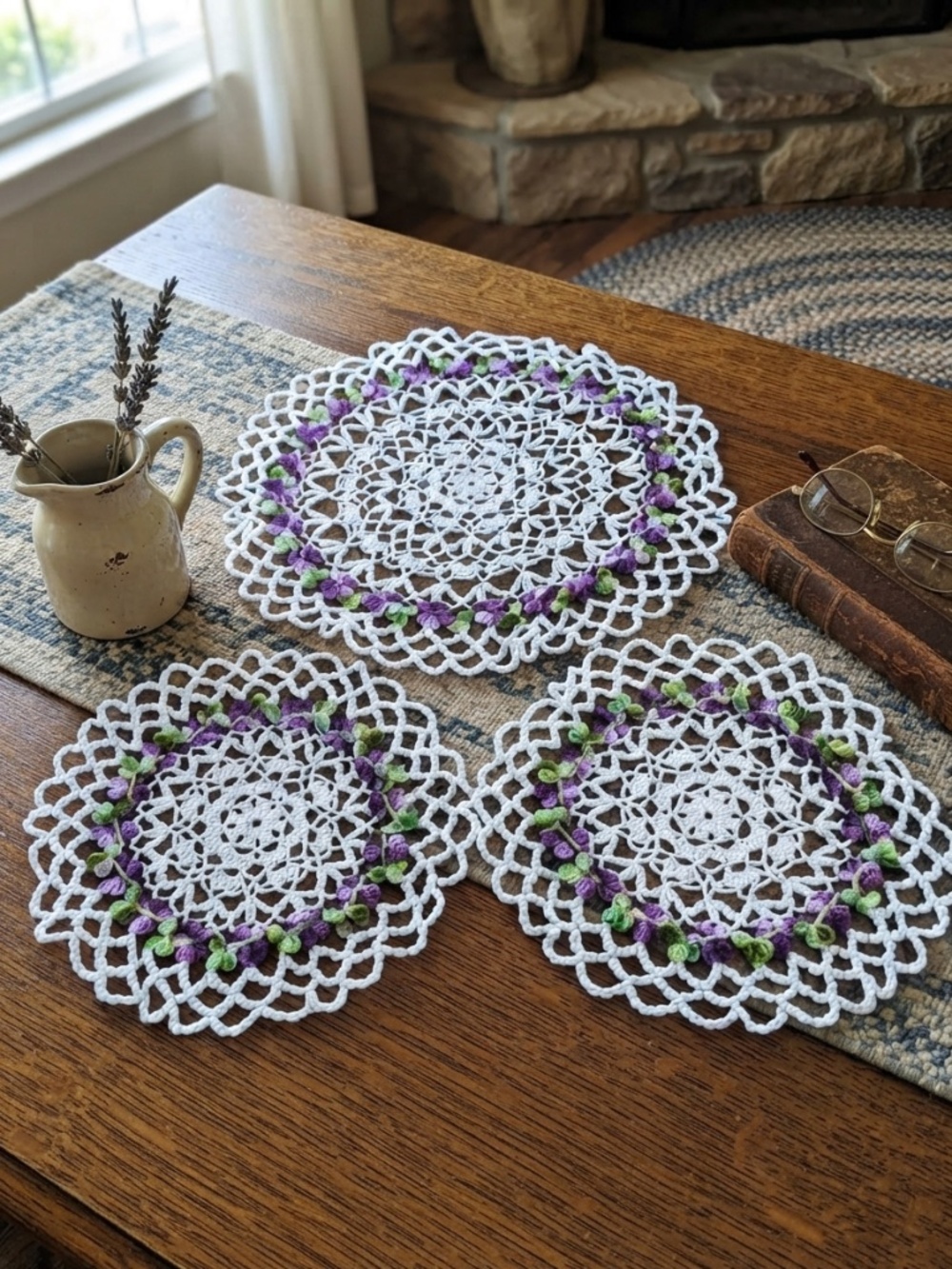 Handmade White Crochet Doily Set with Purple & Green Flower Accent